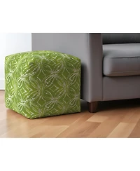 17" Green and White Cotton Damask Pouf Ottoman