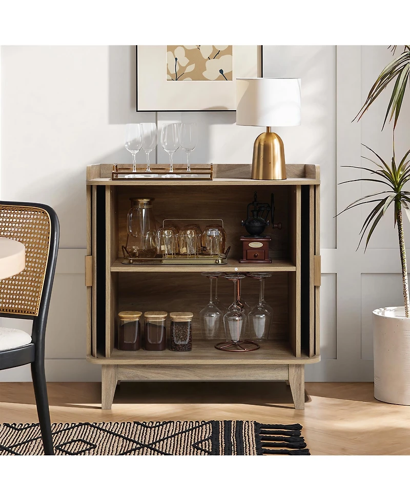 LuxenHome Mid-Century Modern Tambour-Style 2-Door 31.5-Inch Wide Cabinet with Tray Top, Oak