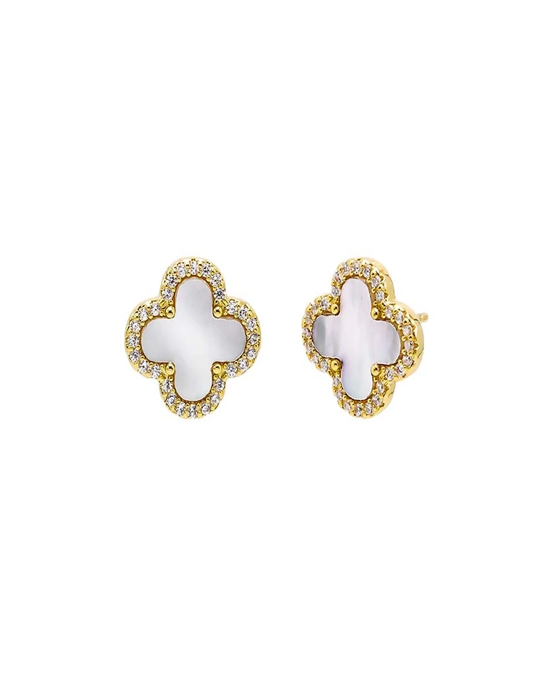 By Adina Eden Pave Outlined Four Leaf Clover Stud Earrings