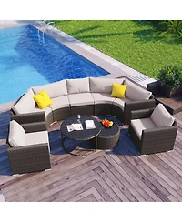Streamdale 9-Pieces Outdoor Half-moon Patio Sofa Set, Round Sofa Set, Modern Style Sofa, Brown Wicker, Beige Cushion