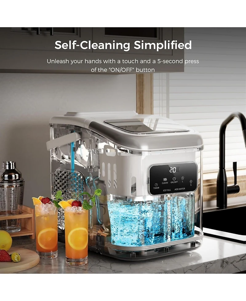 Zafro Countertop Ice Maker produces lbs of ice daily, featuring an Led display, timer, self-cleaning function, and a portable handle. Its compact desi
