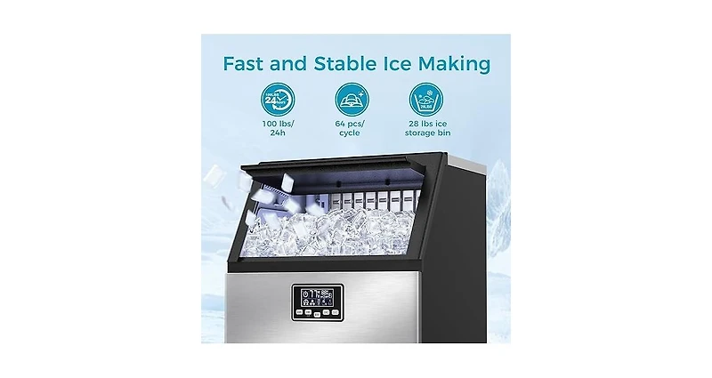 Zafro moon-shaped ice maker can produce 100 pounds of ice per day and has a storage capacity of 28 pounds. It features a two-way water filling system,