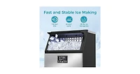 Zafro moon-shaped ice maker can produce 100 pounds of ice per day and has a storage capacity of 28 pounds. It features a two-way water filling system,