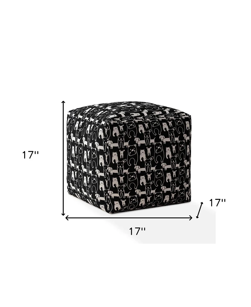 17" Black Cotton Animal Print Pouf Ottoman