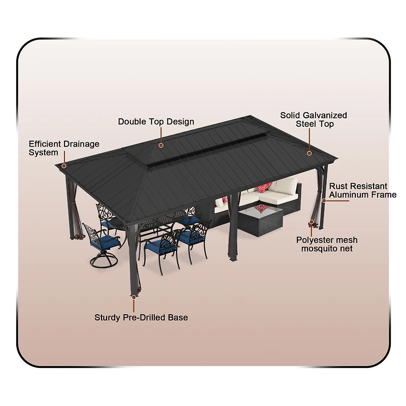 12x20 Ft Hard Top Metal Gazebo Patio Double Roof Canopy Aluminum Frame Gazebo with Netting Tent Curtains
