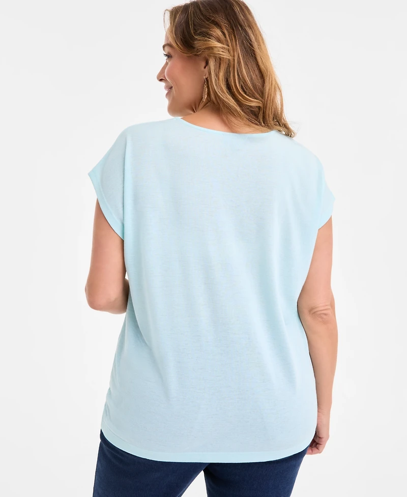 Style & Co Plus Lace-Trim-v-Neck Short-Sleeve T-Shirt, Exclusively at Macy's