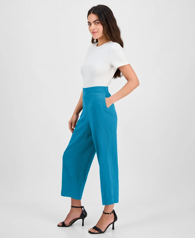 Ak Anne Klein Petite Textured Pull-On Mid-Rise Wide-Leg Pants
