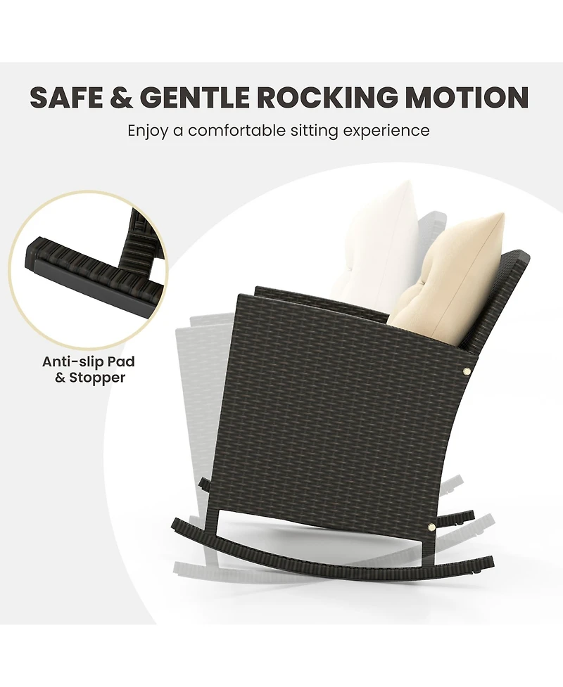 Gymax 3 Piece Outdoor Rocking Set Rattan Rocking Chair Set w/ Tempered Glass Table Seat