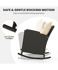 Gymax 3 Piece Outdoor Rocking Set Rattan Rocking Chair Set w/ Tempered Glass Table Seat