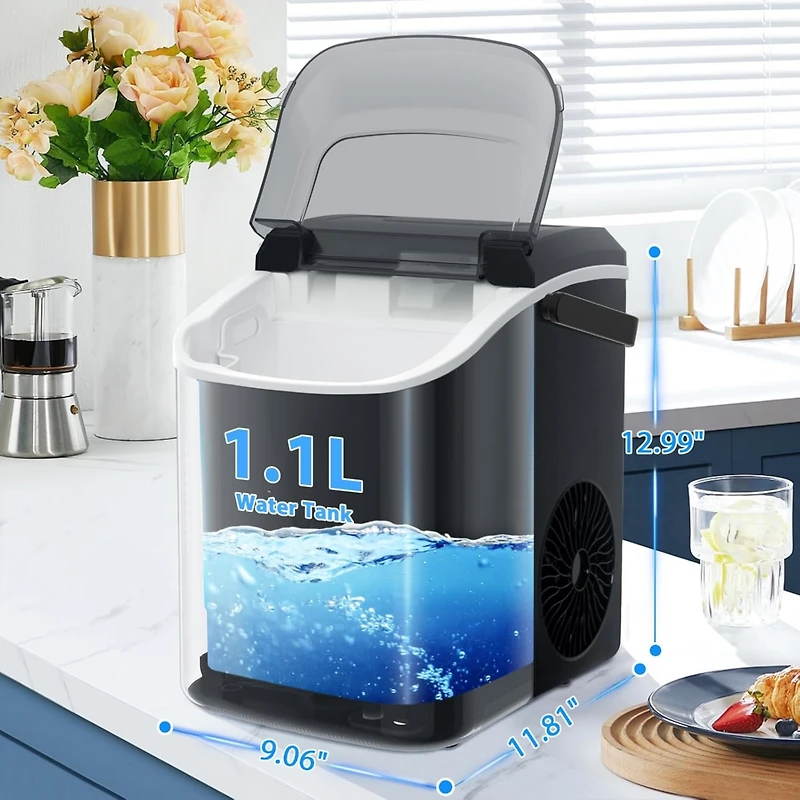 Zafro Nugget Ice Maker Countertop with Handle, 35Lbs/24Hrs,7 Mins Fast Making, Stainless Steel Pellet Basket/Ice Scoop for Home