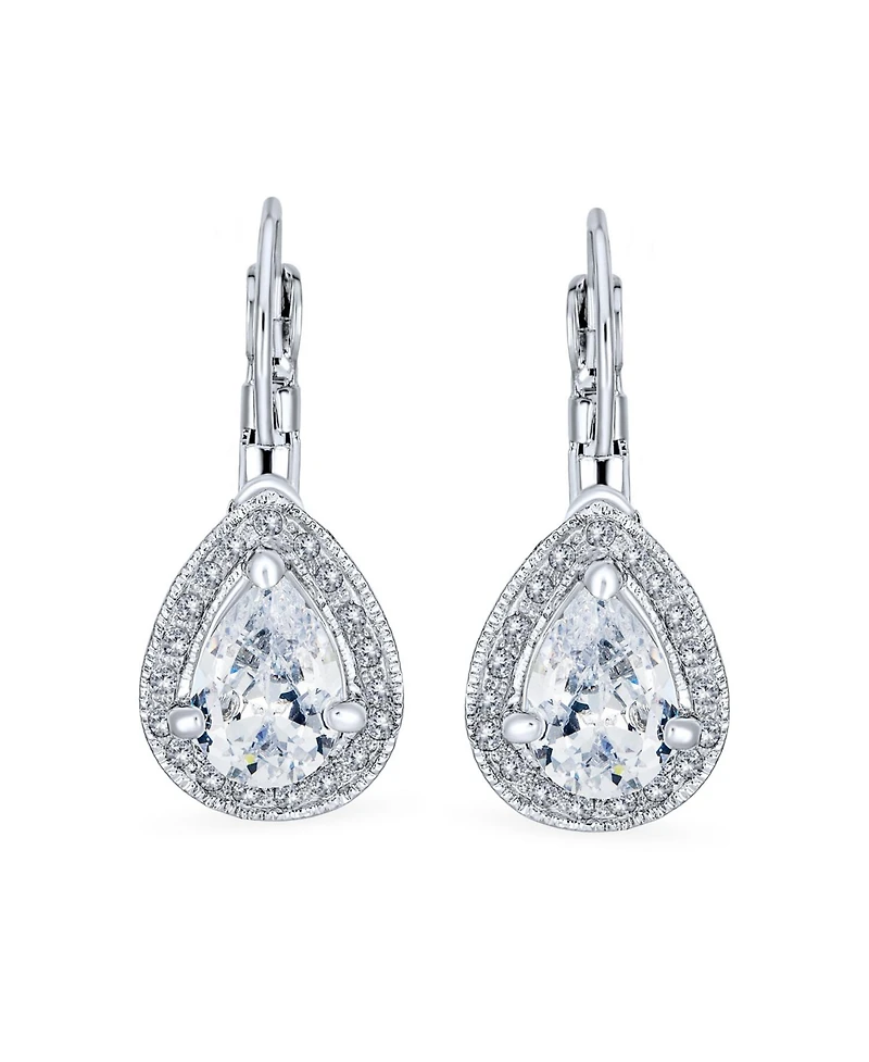 Bling Jewelry 2.25CT Cubic Zirconia Crystal Halo Teardrop Solitaire Cz Lever Back Earrings Silver Plated Alloy