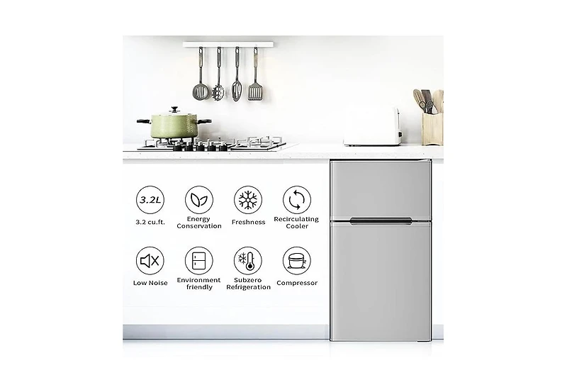 Zafro 3.2 cubic foot mini fridge with separate freezer compartment and double door design is perfect for a basement, apartment