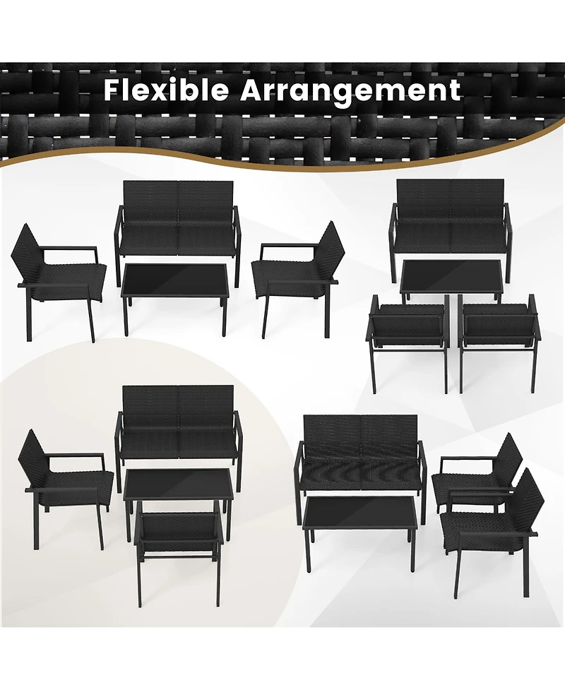 Gymax 4 Piece Patio Wicker Furniture Set Heavy Duty Galvanized Metal Frame w/Table