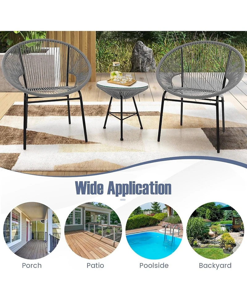 Gymax 3 Pcs Wicker Conversation Bistro Set Acapulco Chair Set with Tempered Glass Table