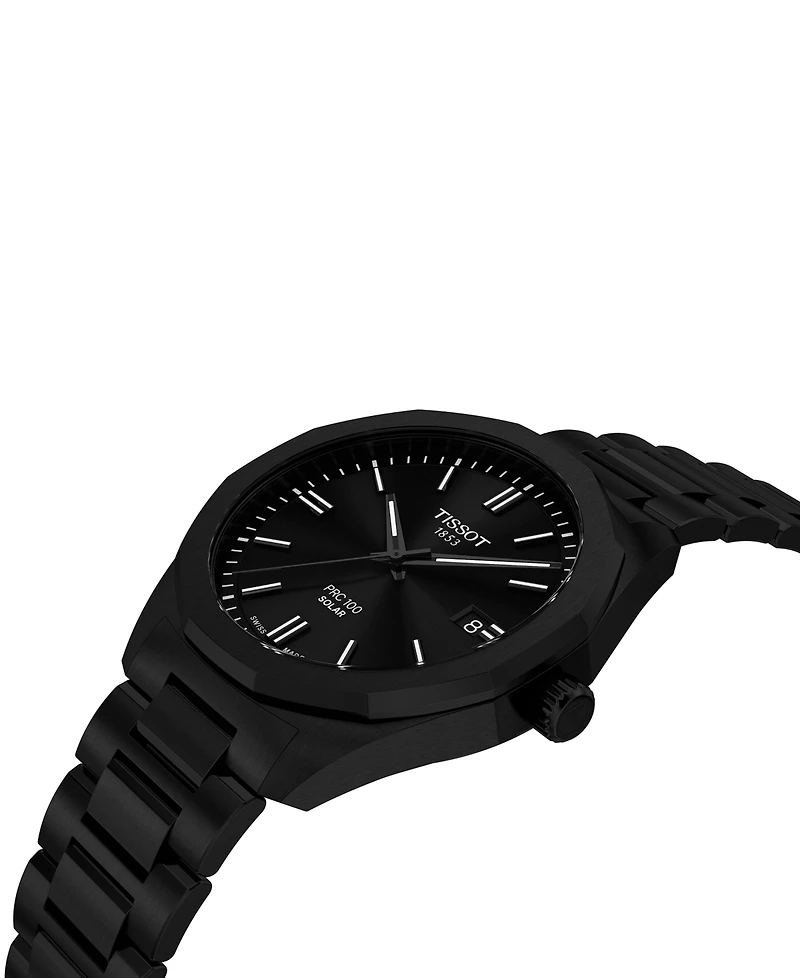 Tissot Men's Swiss Prc 100 Solar Quartz Black-Tone Stainless Steel Bracelet Watch 39mm