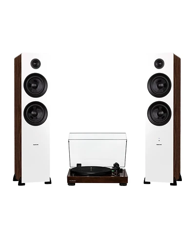 Fluance RT81 Elite High Fidelity Vinyl Turntable (White) with Ai81 Powered 2-Way Floorstanding Speakers (Bamboo), Diamond Stylus, Belt Drive, Built-in
