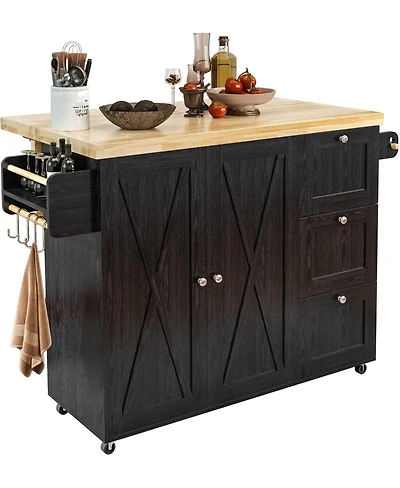 Rolling Kitchen Island Cart with Drop-Leaf Countertop, Barn 3Drawers