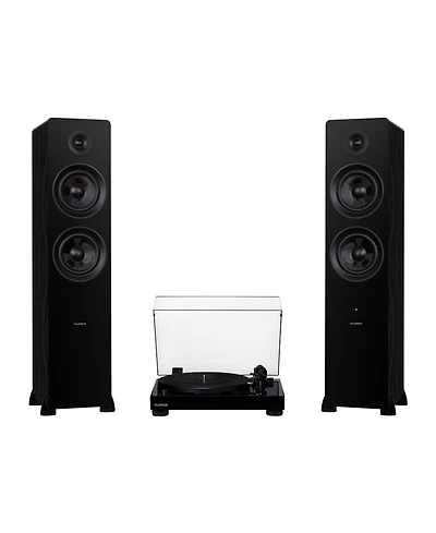 Fluance RT81 Elite High Fidelity Vinyl Turntable (White) with Ai81 Powered 2-Way Floorstanding Speakers (Bamboo), Diamond Stylus, Belt Drive, Built-in