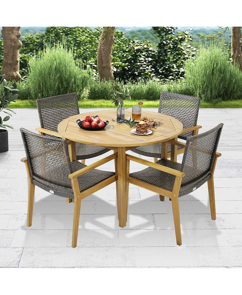 Gymax 5 Pcs Patio Dining Set Round Acacia Wood Table 4 Wicker Armchairs Outdoor Garden