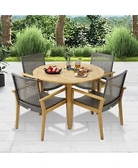 Gymax 5 Pcs Patio Dining Set Round Acacia Wood Table 4 Wicker Armchairs Outdoor Garden