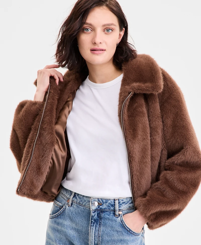 CeCe Petite Zip-Front Faux-Fur Bomber Jacket