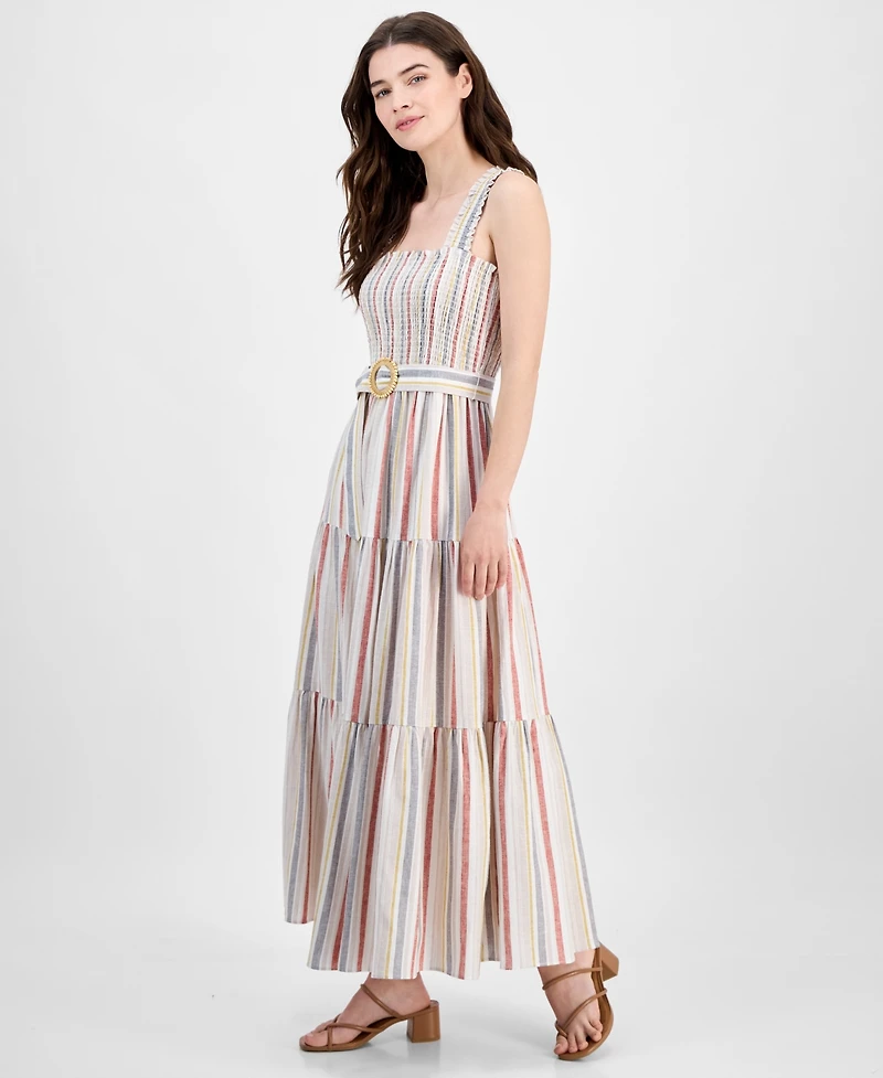 Anne Klein Women's Striped Smocked-Bodice Tiered Dress