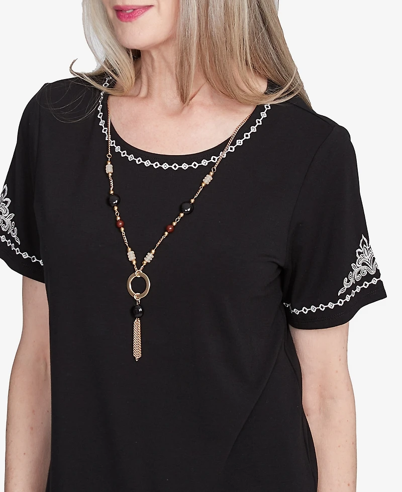 Alfred Dunner Women's Natural Instinct Embroidered Border Crew Neck T-Shirt