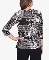 Alfred Dunner Women's Natural Instinct Monotone Patch Beaded Split Neck Top