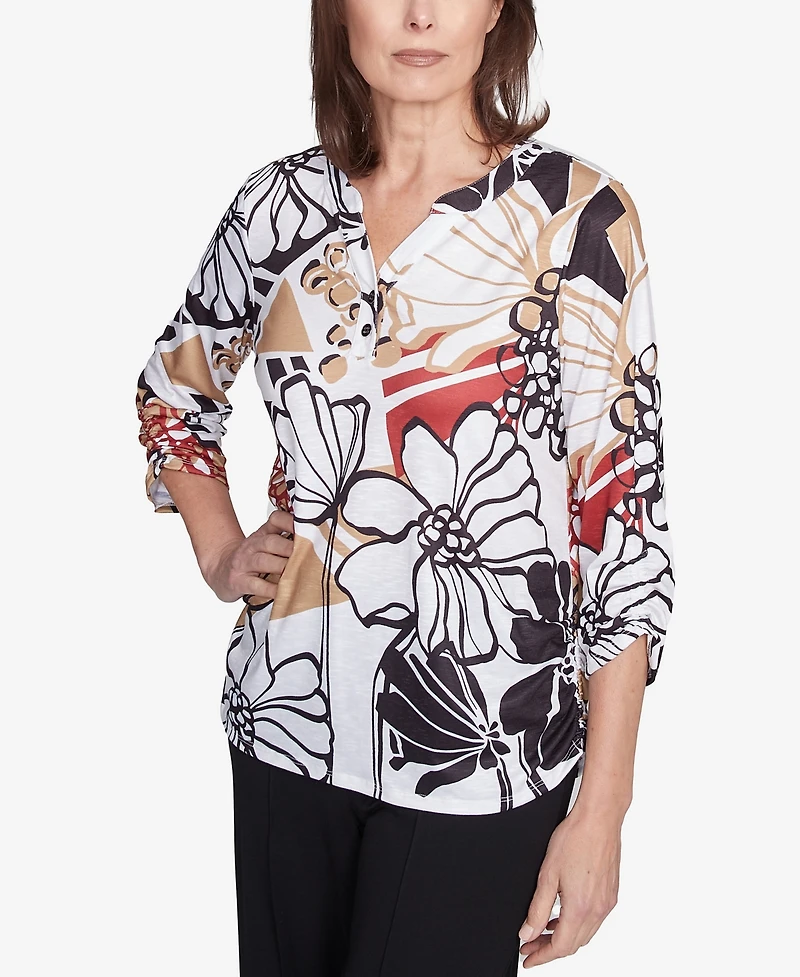 Alfred Dunner Women's Natural Instinct Bold Floral Illustrated Henley Mandarin Collar Top