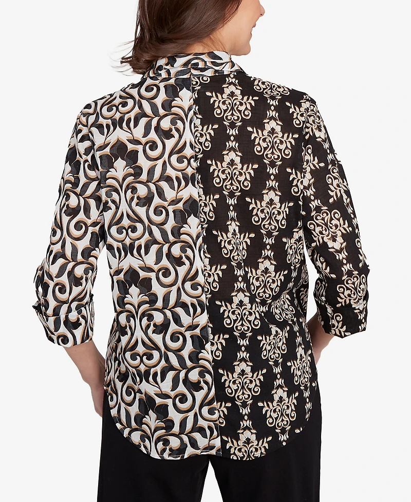 Alfred Dunner Women's Natural Instinct Medallion Twin Print Button Front Top