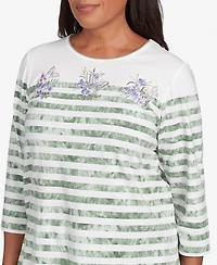 Alfred Dunner Women's Santa Fe Tie Dye Stripe Embroidered Crew Neck Top