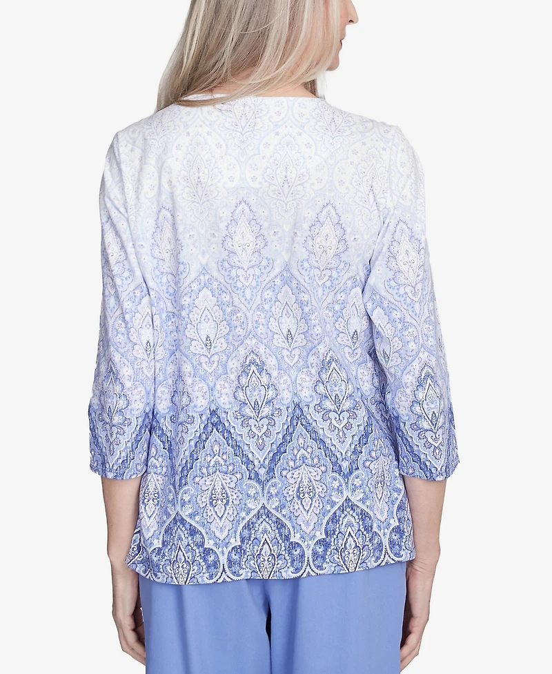 Alfred Dunner Women's Santa Fe Ombre Medallion Printed Crew Neck Top
