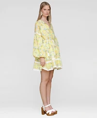Avec Les Filles Women's Cotton Lemon-Print Split-Neck Prairie Mini Dress