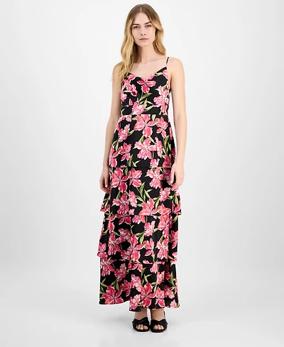 Anne Klein Women's Printed Satin Tiered Cowlneck Maxi Dress