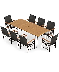 Gymax 9 Pcs Outdoor Patio Dining Set Armchairs Set of 8 & Acacia Wood Square Table