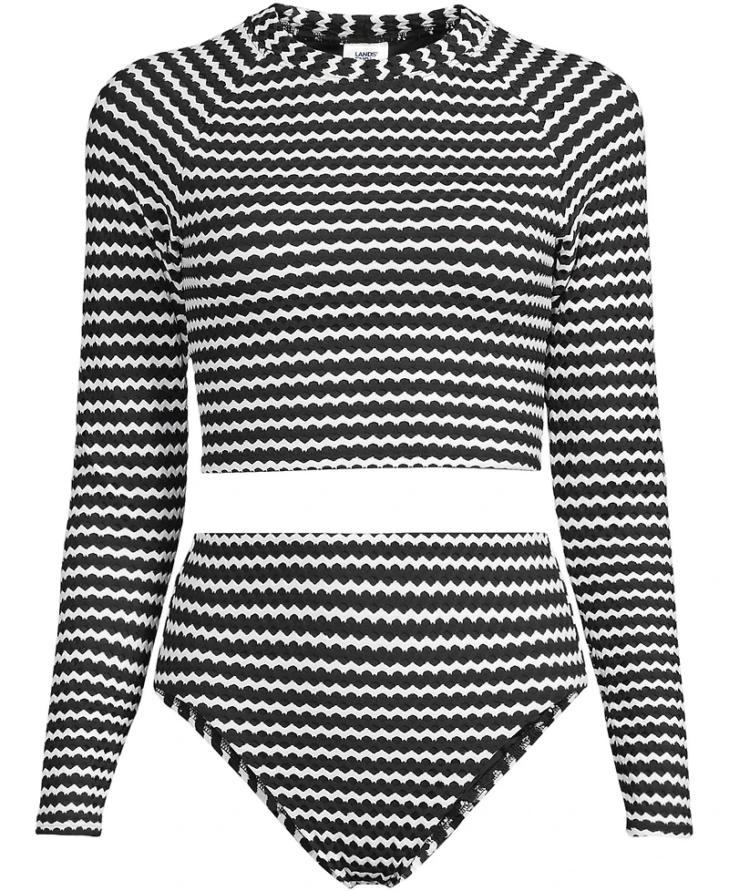Lands' End Women's Crochet Long Sleeve Bikini Top and High Waisted Bottoms Swimsuit Set