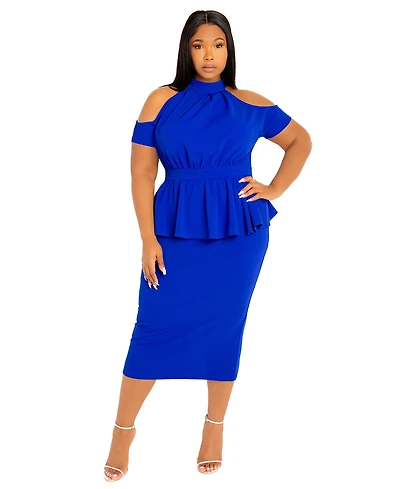 Buxom Couture Plus Cut-out Shoulder Peplum Midi Dress