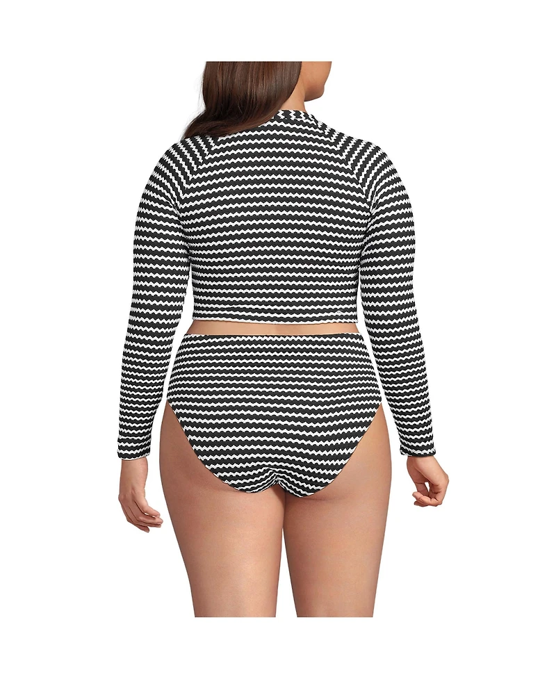 Lands' End Plus Crochet Long Sleeve Bikini Top and High Waisted Bottoms Swimsuit Set