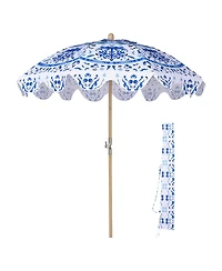 LAGarden Our Beach Portable Umbrella for Sand Beech Wood Pole Carry Bag with Printed Porcelain Love Cute Garden Parasol