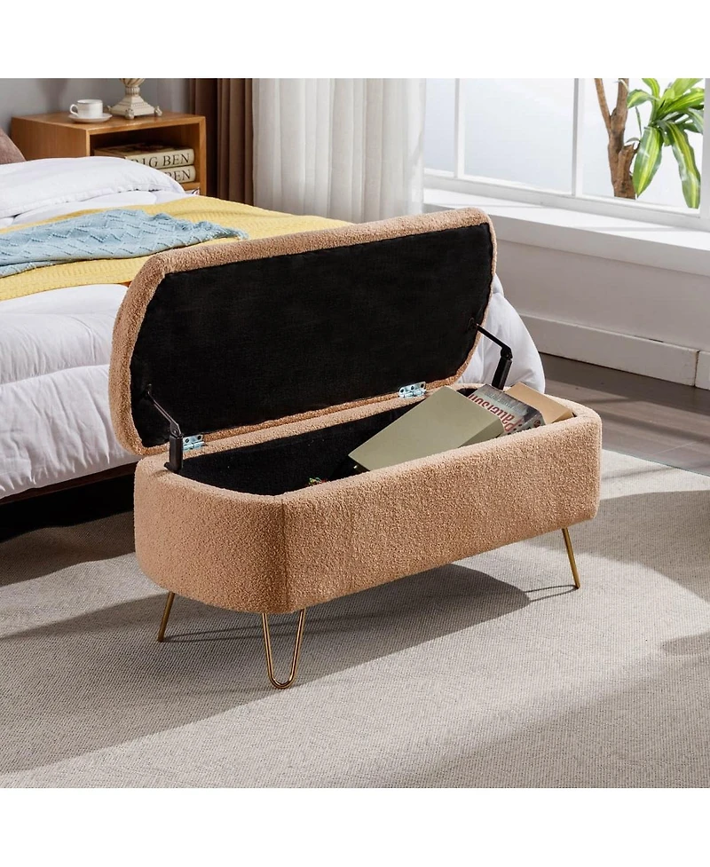 Modern Faux Fur Upholstered Storage Ottoman Bench with Metal Legs Padded Entryway or Bedroom Seat for End of Bed Hallway Organization-The Pop Home