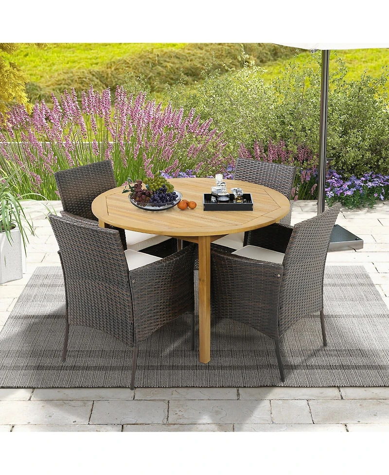 Gymax 5 Pcs Patio Dining Set Round Acacia Wood Table 4 Cushioned Wicker Armchairs