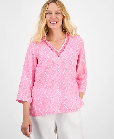 Charter Club Women's Printed 100% Linen Embellished Top, Exclusively at Macy's