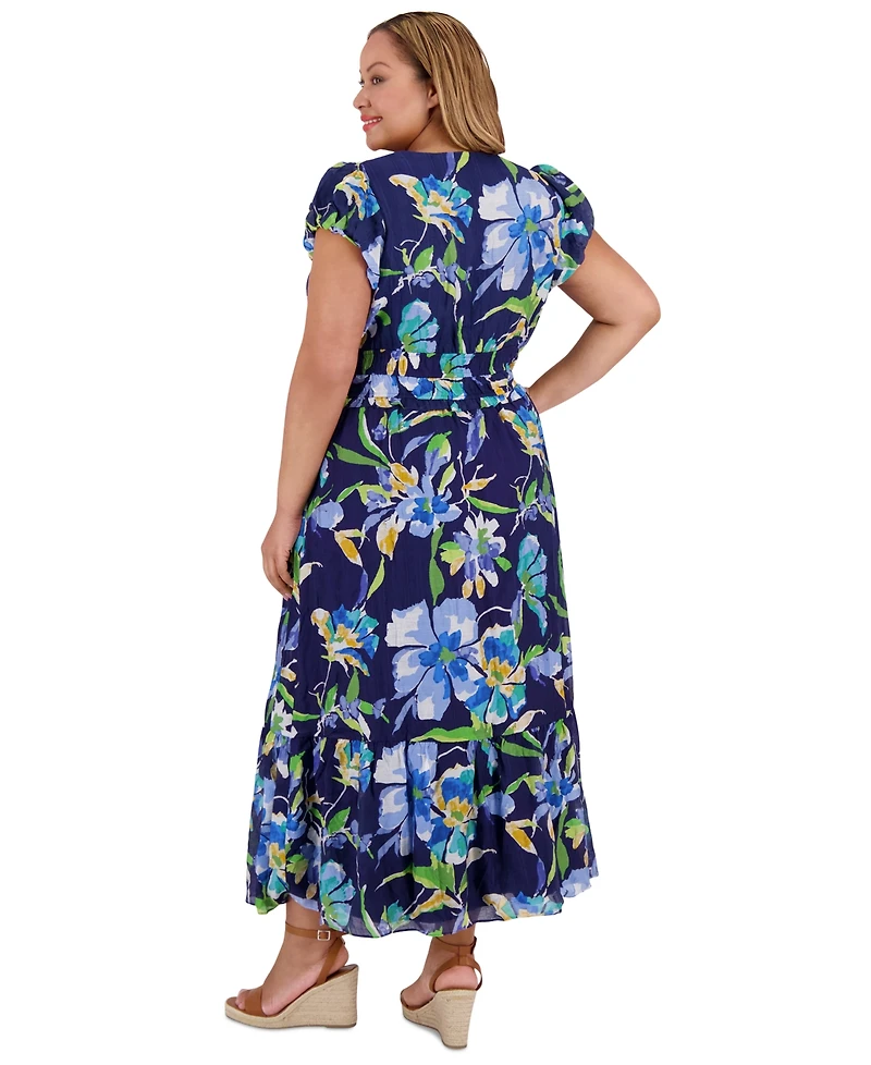 London Times Plus Size Printed Smocked-Waist Bubble-Sleeve Maxi Dress