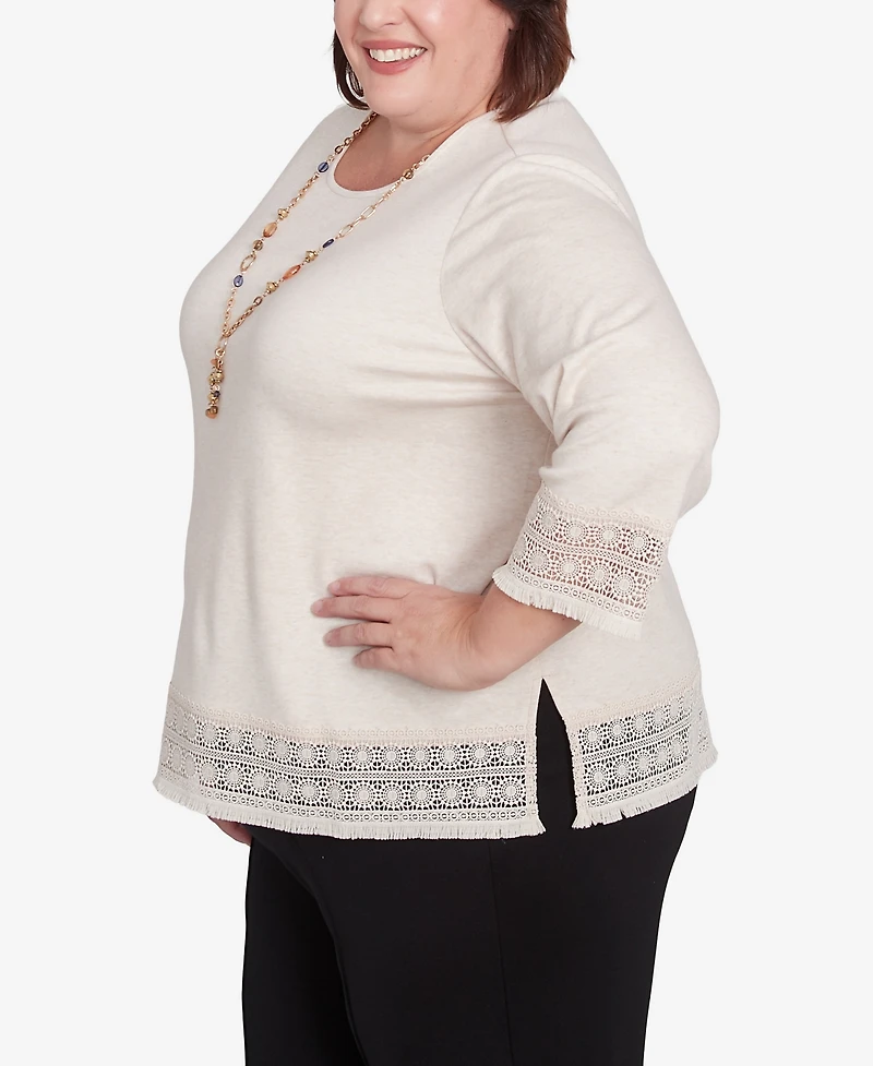Alfred Dunner Plus Summer Solstice Lace Trimmed Knit Top with Necklace