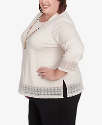 Alfred Dunner Plus Summer Solstice Lace Trimmed Knit Top with Necklace