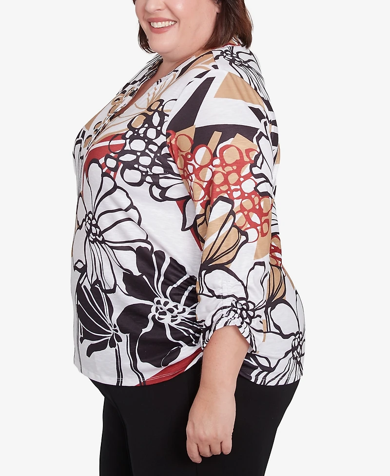 Alfred Dunner Plus Natural Instinct Bold Floral Illustrated Henley Top
