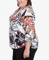 Alfred Dunner Plus Natural Instinct Bold Floral Illustrated Henley Top