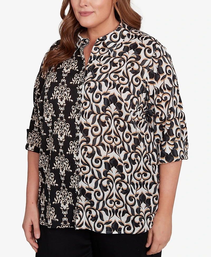 Alfred Dunner Plus Natural Instinct Medallion Twin Print Button Front Top