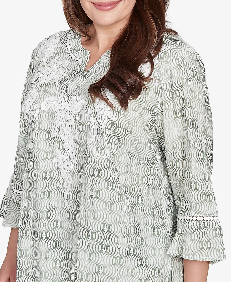 Alfred Dunner Plus Size Santa Fe Embroidered Geometric Flare Sleeve Top