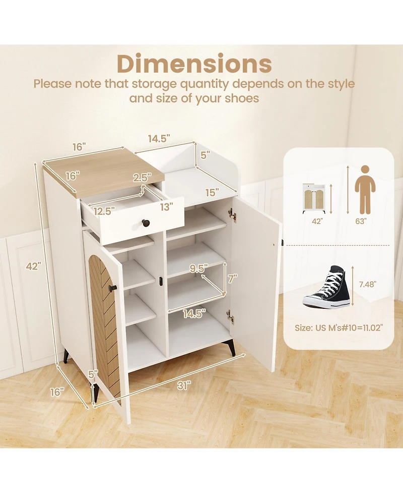 2-Door Shoe Rack Organizer with Drawer and 6 Removable Shelves-White